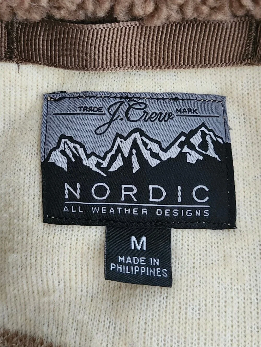 J.CREW Nordic Fair-Isle Sherpa Fleece Full-Zip Brown/Cream Striped Jacket M